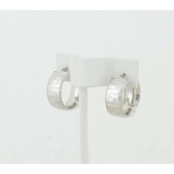 14k White Gold Hollow Lightweight Greek Key Hoop Earrings 3/4" Hoops - Picture 3 of 7